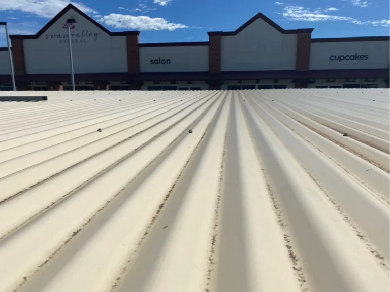 Worn and stained original roof sheeting on car park shade structure at Swan Valley Central before re-roofing