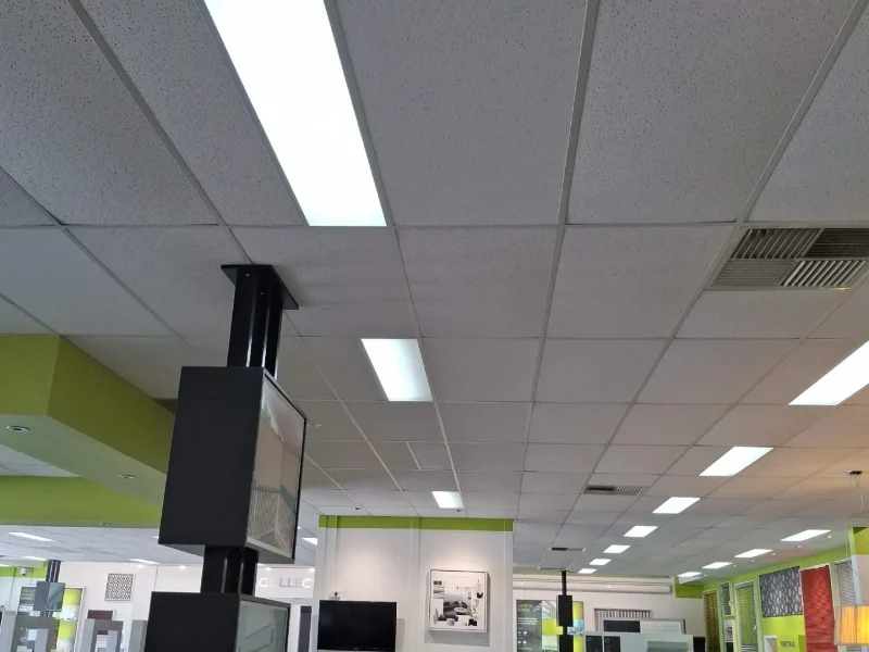 Commercial ceiling and lighting after tile and T-bar replacement