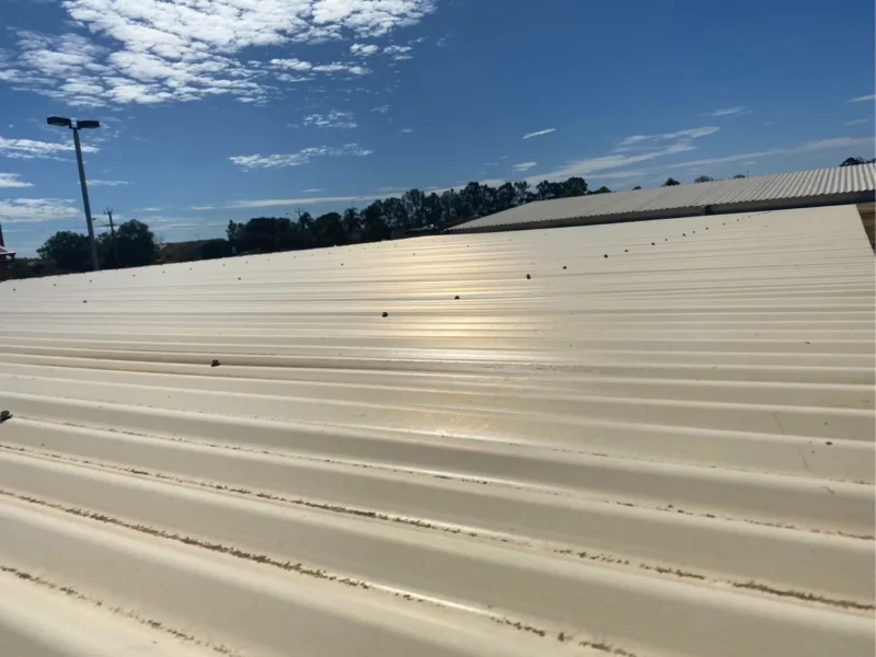Cream corrugated roof sheeting on a commercial building